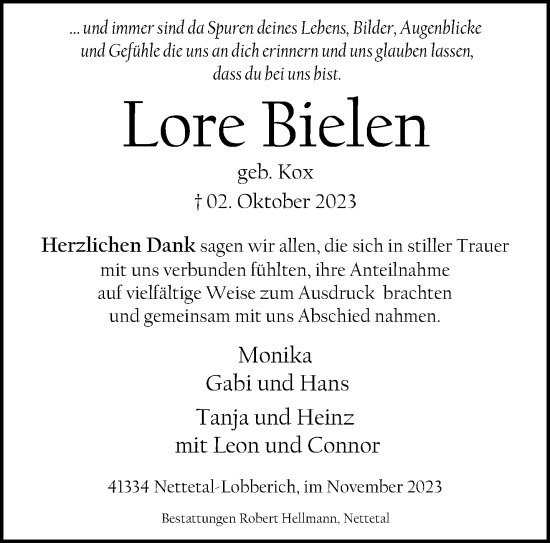 Traueranzeige von Lore Bielen von trauer.extra-tipp-moenchengladbach.de