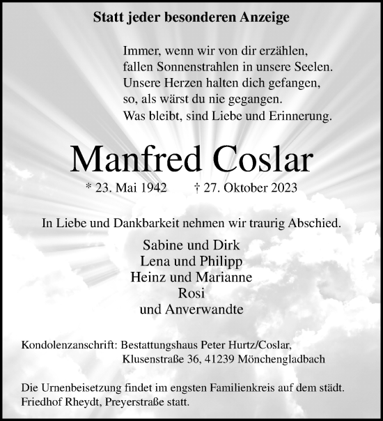 Traueranzeige von Manfred Coslar von trauer.extra-tipp-moenchengladbach.de