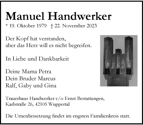 Traueranzeige von Manuel Handwerker von trauer.wuppertaler-rundschau.de