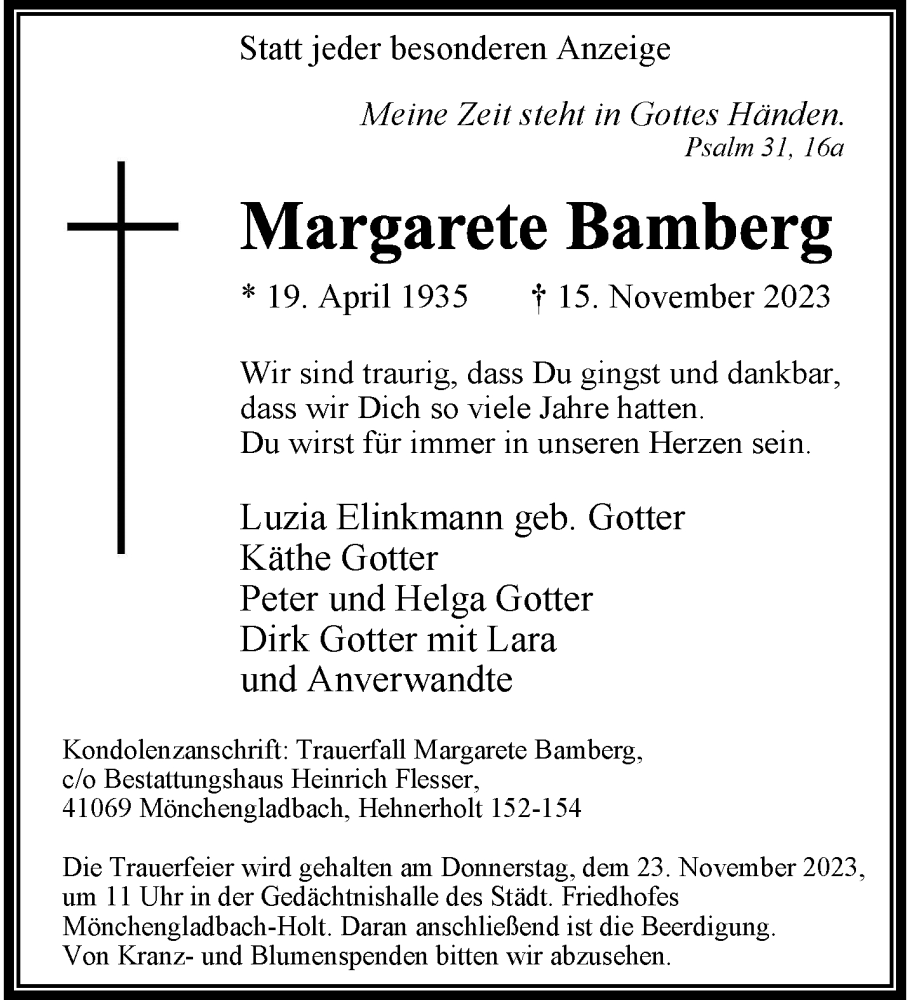  Traueranzeige für Margarete Bamberg vom 19.11.2023 aus trauer.extra-tipp-moenchengladbach.de