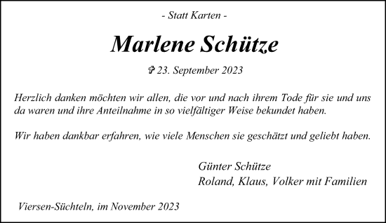 Traueranzeige von Marlene Schütze von trauer.extra-tipp-moenchengladbach.de