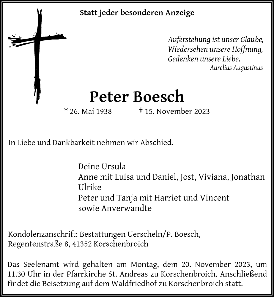  Traueranzeige für Peter Boesch vom 19.11.2023 aus trauer.extra-tipp-moenchengladbach.de
