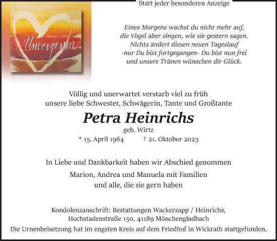 Traueranzeige von Petra Heinrichs von trauer.extra-tipp-moenchengladbach.de