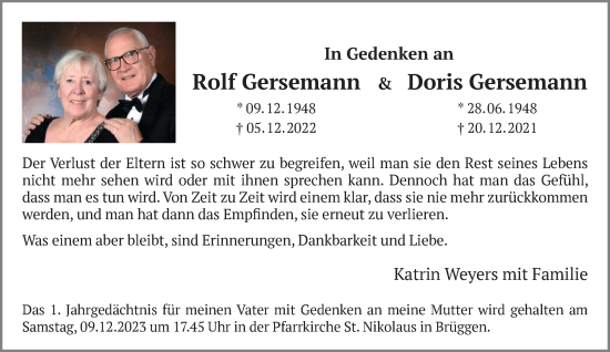 Traueranzeige von Rolf und Doris Gersemann von trauer.extra-tipp-moenchengladbach.de