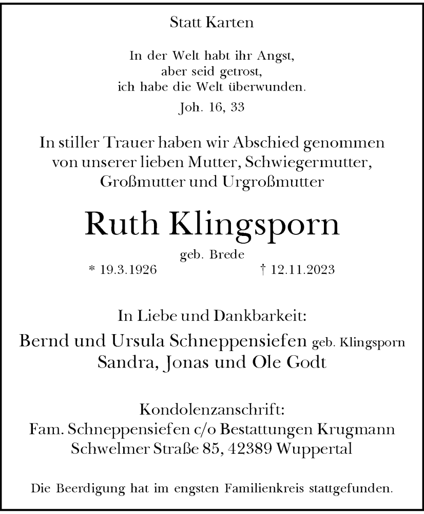  Traueranzeige für Ruth Klingsporn vom 18.11.2023 aus trauer.wuppertaler-rundschau.de