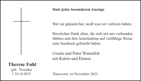 Traueranzeige von Therese Fuhl von trauer.extra-tipp-moenchengladbach.de