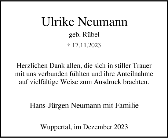 Traueranzeige von Ulrike Neumann von trauer.wuppertaler-rundschau.de