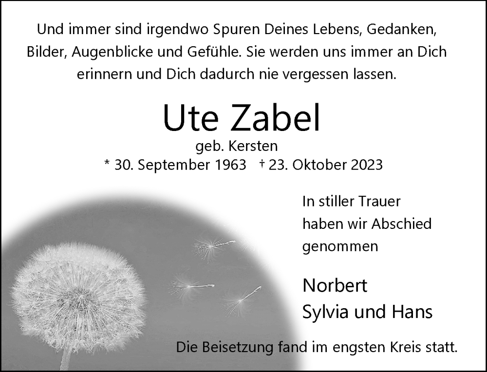  Traueranzeige für Ute Zabel vom 19.11.2023 aus trauer.extra-tipp-moenchengladbach.de