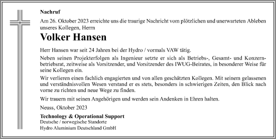 Traueranzeige von Volker Hansen von trauer.extra-tipp-moenchengladbach.de