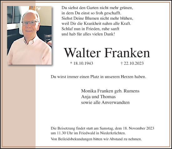 Traueranzeige von Walter Franken von trauer.extra-tipp-moenchengladbach.de