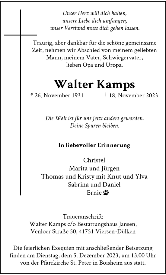 Traueranzeige von Walter Kamps von trauer.extra-tipp-moenchengladbach.de