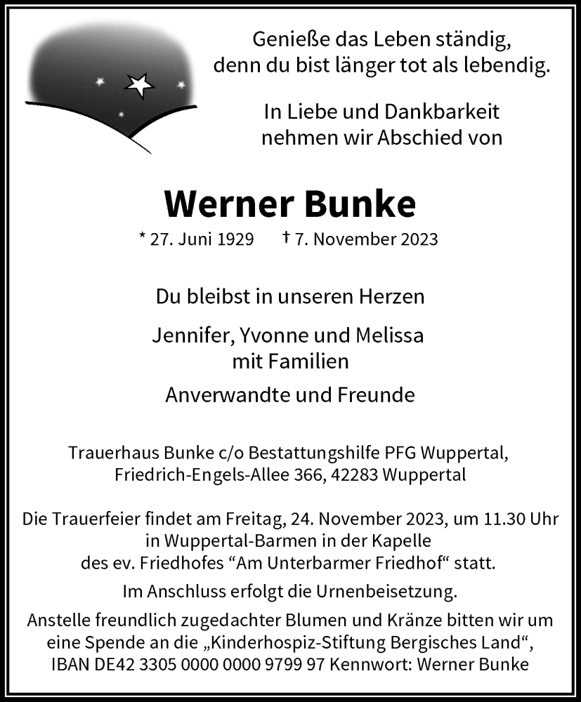  Traueranzeige für Werner Bunke vom 18.11.2023 aus trauer.wuppertaler-rundschau.de