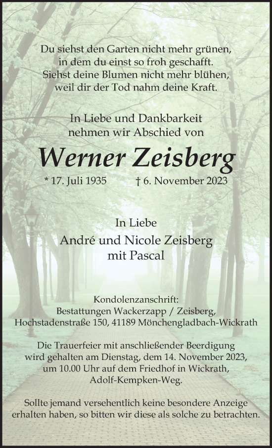 Traueranzeige von Werner Zeisberg von trauer.extra-tipp-moenchengladbach.de