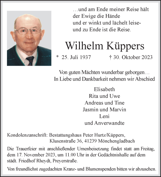 Traueranzeige von Wilhelm Küppers von trauer.extra-tipp-moenchengladbach.de