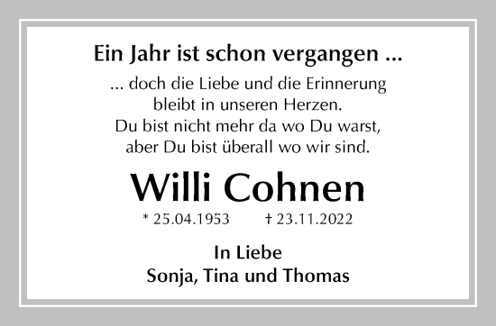 Traueranzeige von Willi Cohnen von trauer.extra-tipp-moenchengladbach.de