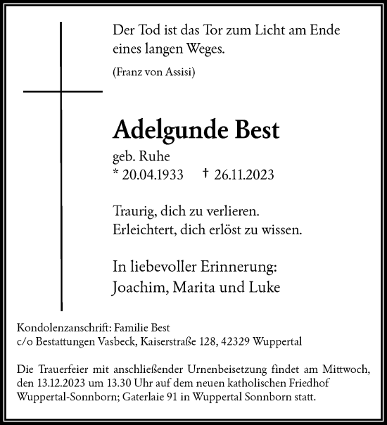 Traueranzeige von Adelgunde Best von trauer.wuppertaler-rundschau.de
