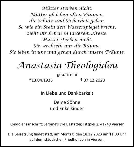Traueranzeige von Anastasia Theologidou von trauer.extra-tipp-moenchengladbach.de