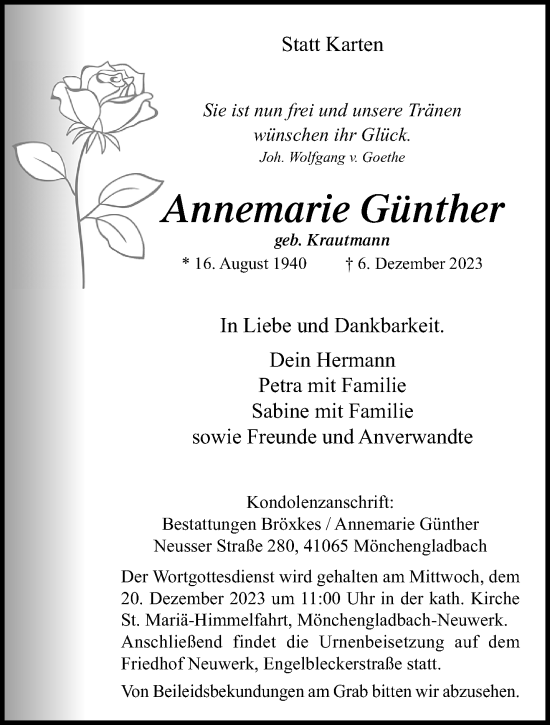 Traueranzeige von Annemarie Günther von trauer.extra-tipp-moenchengladbach.de