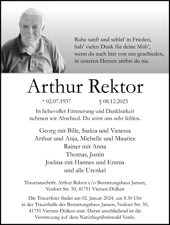 Traueranzeige von Arthur Rektor von trauer.extra-tipp-moenchengladbach.de