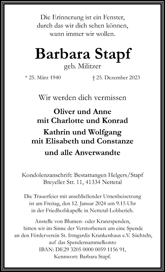 Traueranzeige von Barbara Stapf von trauer.extra-tipp-moenchengladbach.de