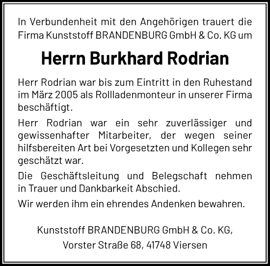 Traueranzeige von Burkhard Rodrian von trauer.extra-tipp-moenchengladbach.de