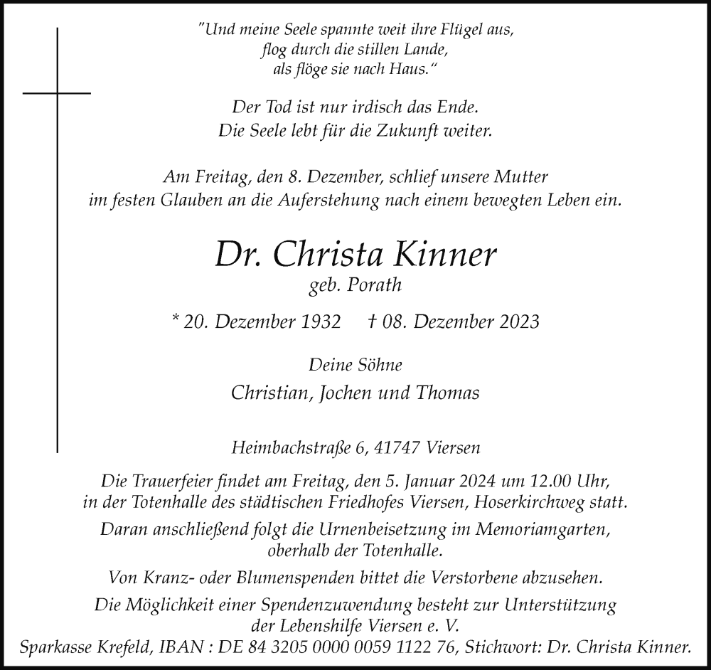  Traueranzeige für Christa Kinner vom 31.12.2023 aus trauer.extra-tipp-moenchengladbach.de