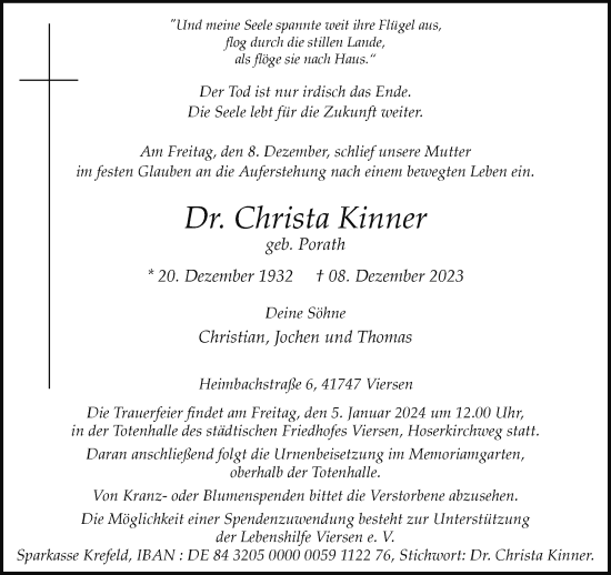 Traueranzeige von Christa Kinner von trauer.extra-tipp-moenchengladbach.de