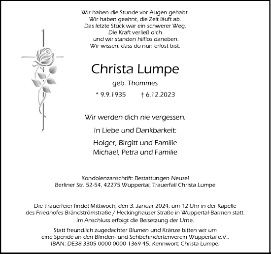 Traueranzeige von Christa Lumpe von trauer.wuppertaler-rundschau.de