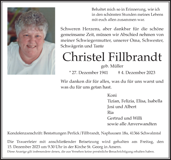 Traueranzeige von Christel Fillbrandt von trauer.extra-tipp-moenchengladbach.de
