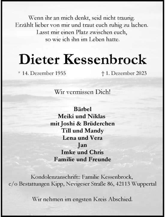 Traueranzeige von Dieter Kessenbrock von trauer.wuppertaler-rundschau.de