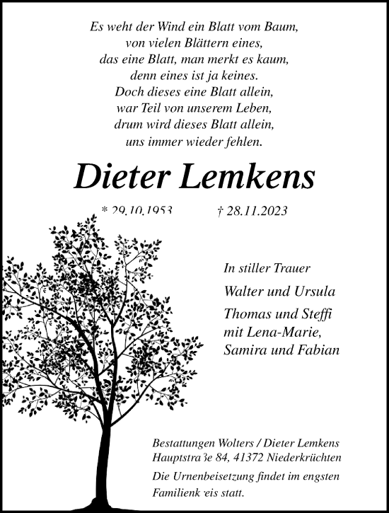 Traueranzeige von Dieter Lemkens von trauer.extra-tipp-moenchengladbach.de