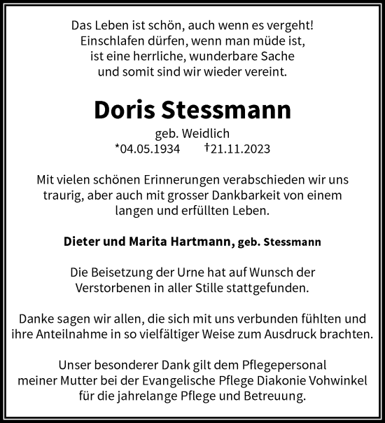 Traueranzeige von Doris Stessmann von trauer.wuppertaler-rundschau.de