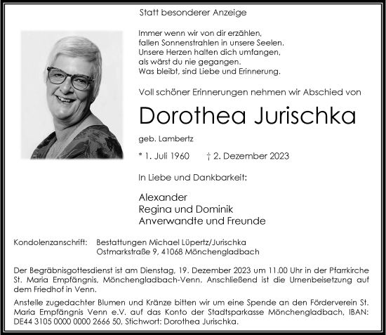 Traueranzeige von Dorothea Jurischka von trauer.extra-tipp-moenchengladbach.de