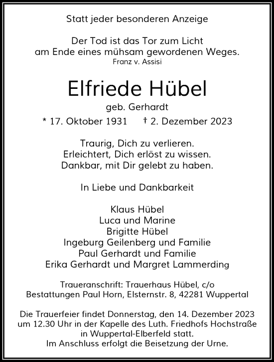 Traueranzeige von Elfriede Hübel von trauer.wuppertaler-rundschau.de