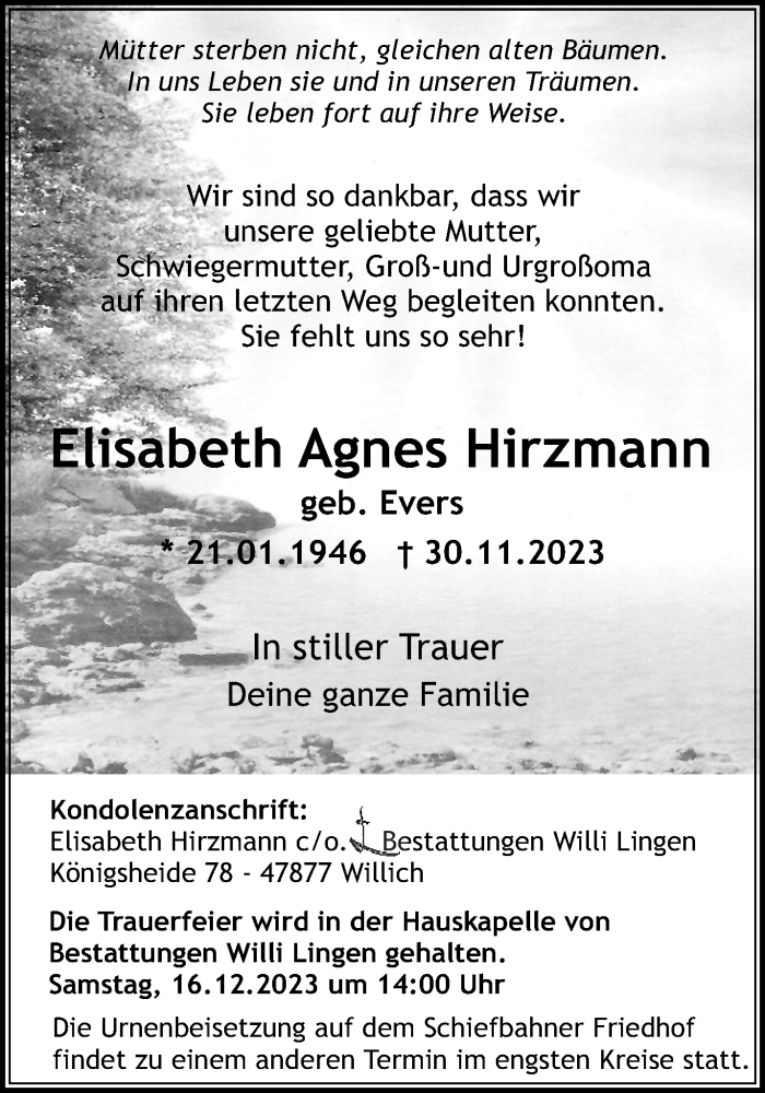  Traueranzeige für Elisabeth Agnes Hirzmann vom 10.12.2023 aus trauer.extra-tipp-moenchengladbach.de