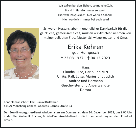 Traueranzeige von Erika Kehren von trauer.extra-tipp-moenchengladbach.de