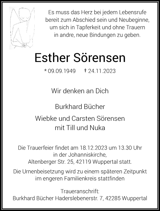 Traueranzeige von Esther Sörensen von trauer.wuppertaler-rundschau.de