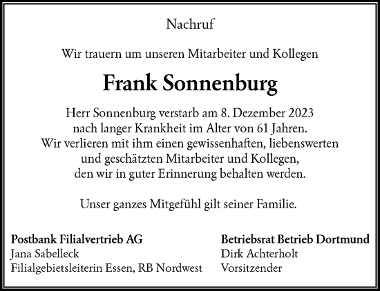 Traueranzeige von Frank Sonnenburg von trauer.wuppertaler-rundschau.de
