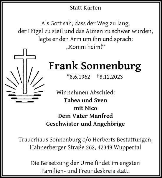 Traueranzeige von Frank Sonnenburg von trauer.wuppertaler-rundschau.de