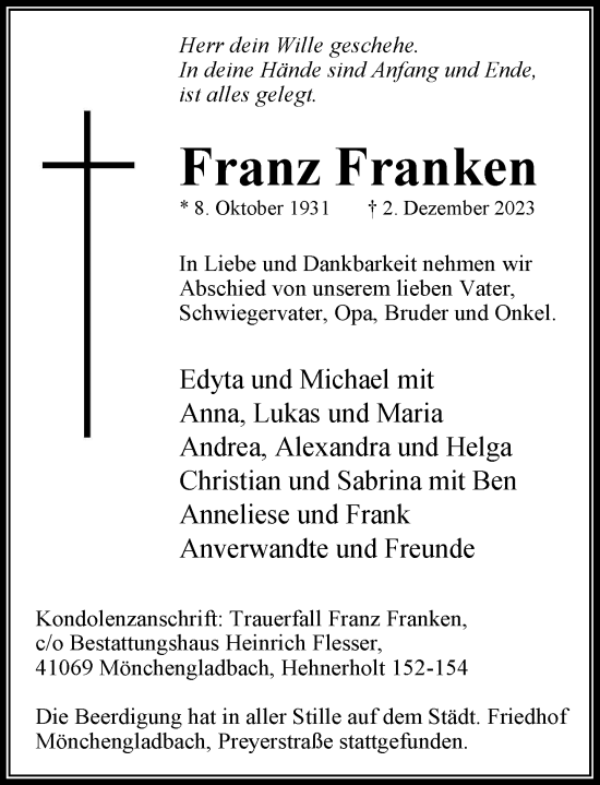 Traueranzeige von Franz Franken von trauer.extra-tipp-moenchengladbach.de