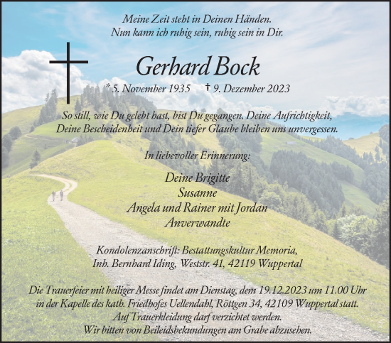 Traueranzeige von Gerhard Bock von trauer.wuppertaler-rundschau.de