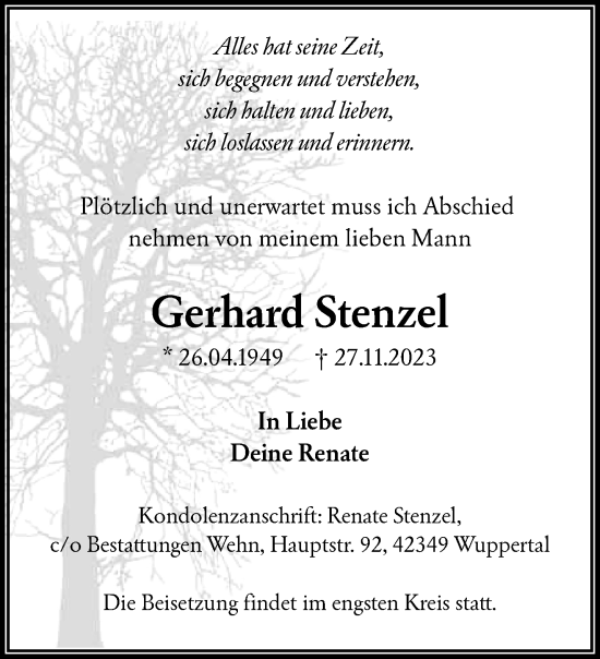 Traueranzeige von Gerhard Stenzel von trauer.wuppertaler-rundschau.de