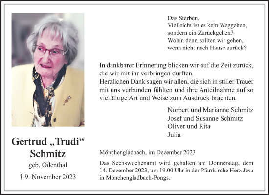 Traueranzeige von Gertrud Schmitz von trauer.extra-tipp-moenchengladbach.de