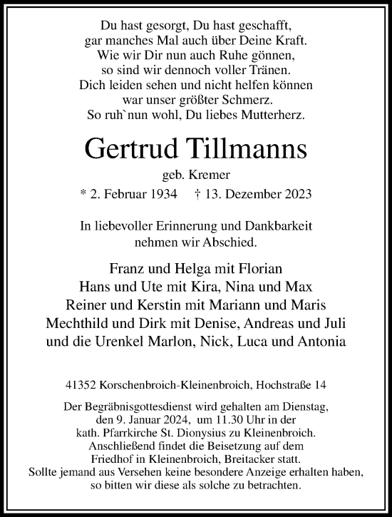 Traueranzeige von Gertrud Tillmanns von trauer.extra-tipp-moenchengladbach.de