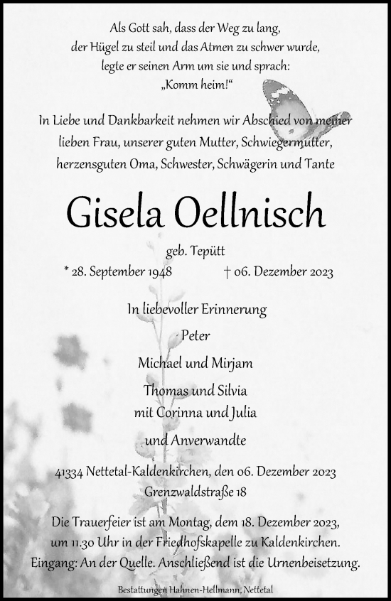 Traueranzeige von Gisela Oellnisch von trauer.extra-tipp-moenchengladbach.de