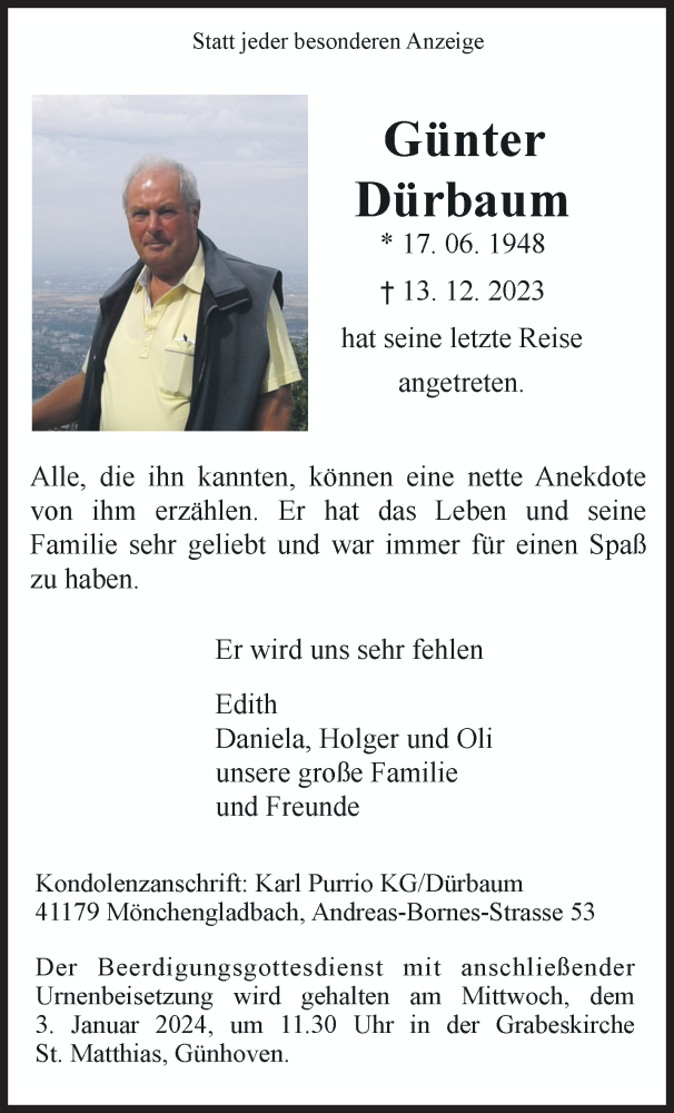  Traueranzeige für Günter Dürbaum vom 24.12.2023 aus trauer.extra-tipp-moenchengladbach.de