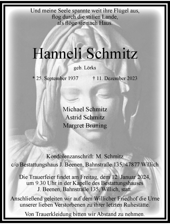 Traueranzeige von Hanneli Schmitz von trauer.extra-tipp-moenchengladbach.de