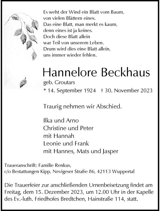 Traueranzeige von Hannelore Beckhaus von trauer.wuppertaler-rundschau.de