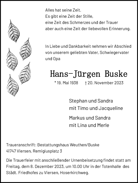 Traueranzeige von Hans-Jürgen Buske von trauer.extra-tipp-moenchengladbach.de