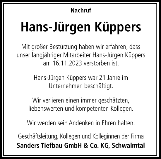 Traueranzeige von Hans-Jürgen Küppers von trauer.extra-tipp-moenchengladbach.de